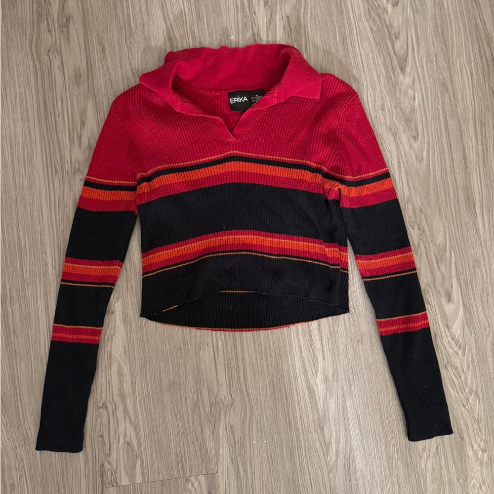Erika Red and Black V-Neck Sweater with Bold Stripes